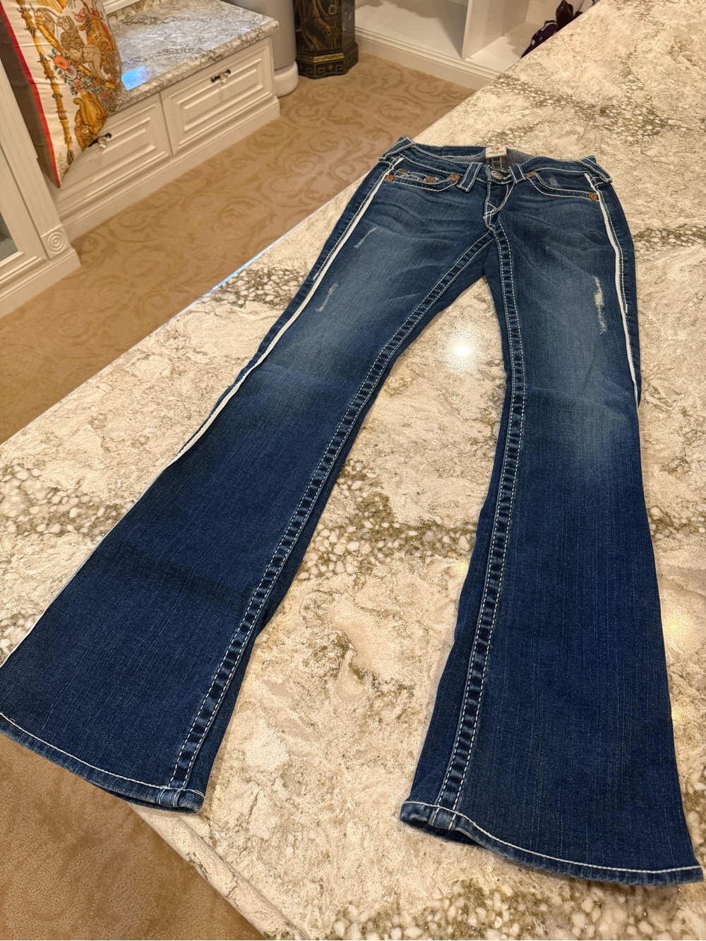 True Religion Dark Blue Flare Jeans with White Side Stripe